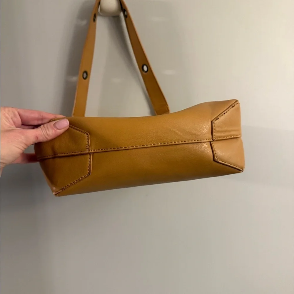 Tan Faux Leather Shoulder Tote Bag Cutout Handle Minimalist